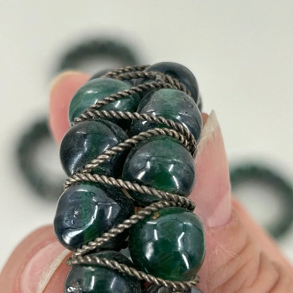 Vintage Beaded Napkin Rings Set of 5 Green Glass Silver Wire Boho Made in India